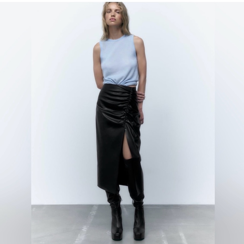 Zara Ruched Midi Faux Leather Skirt